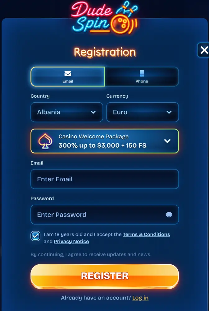 التسجيل في كازينو Dudespin